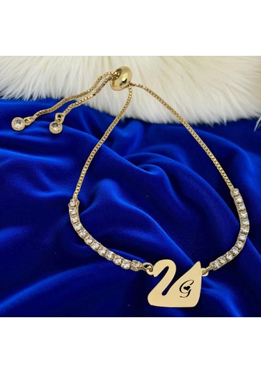 Archin G Harfine Özel Kuğu Kuşu Motifli 14 Ayar Altın Plakalı Beyaz Taş Detaylı Hediye Bileklik-601harf G