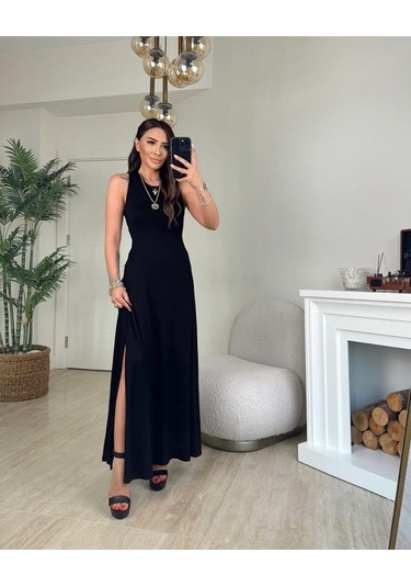 Kadın Arkadan Çapraz Detay Yuvarlak Yaka Maksi Viskon Elbise Siyah
