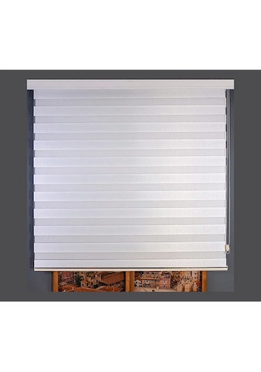 Beyaz Bambu Zebra Stor Perde Eteği Düz Aküminyum Kasa Metal Ayak Beyaz