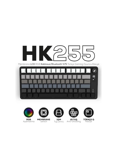 Hk255 Membrane Lcd Rgb Kablosuz/bluetooth Siyah Gradyan %75 Türkçe Gaming Klavye