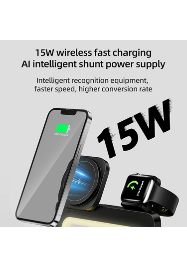 Ht-539 Masaüstü Gece Lambası 15w Manyetik Katlanabilir Telefon Saati Kulaklık Kablosuz Şarj Cihazı Siyah