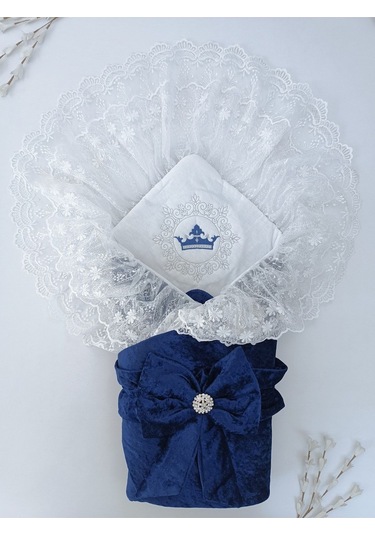 Dantelli Taçlı Bebek Kundağı Unisex Bebek Dış Kundak Battaniyesi Hastane Çıkışı Mevlütlük Kundak Lacivert