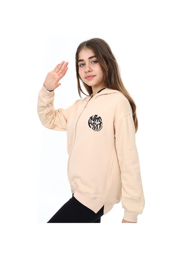 Toontoy Kız Çocuk Kapüşonlu Fermuarlı Düşük Omuz Nakış Baskılı Yırtmaç Detaylı Örme Hırka - 3 İplik Şardonsuz Bej