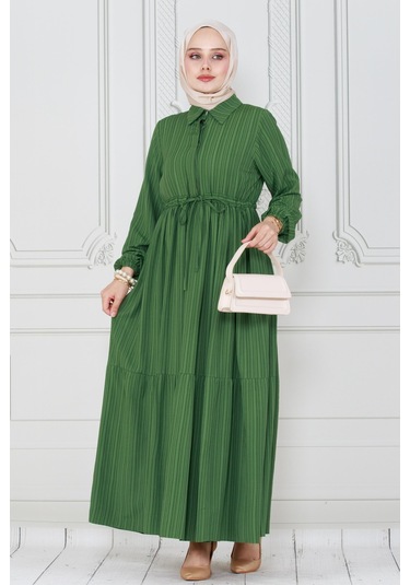 Gömlek Yaka Beli Tünelli Sare Elbise-yeşil-4075-yeşil Yeşil