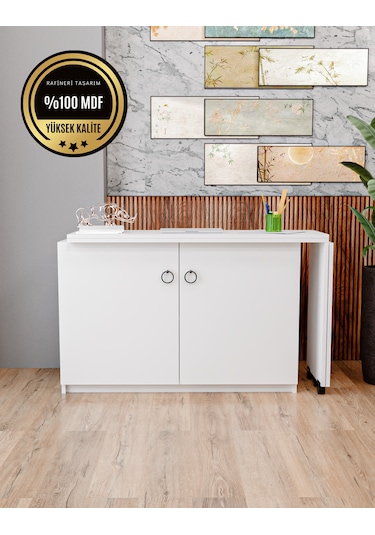 Rafineri Flor Çalışma Masası Dolaplı Açılır Katlanır Masa Mdf Bey Beyaz