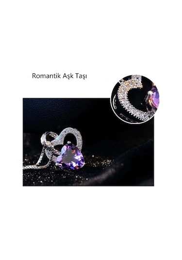 Brezza Lusso Jewelry Gümüş Ametist Taşlı Çift Kalp Kadın Gümüş Kolye 45 CM