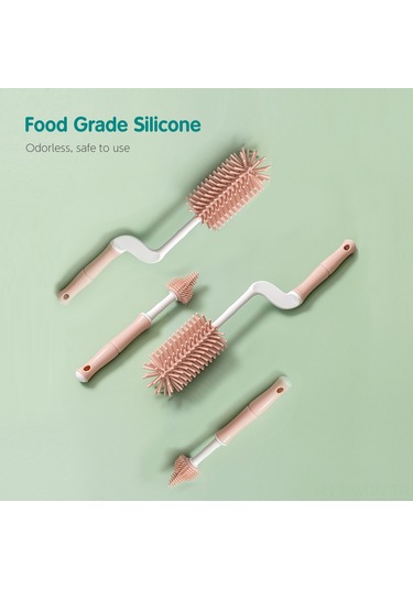 Neevoyu Youha Silikon Biberon Temizleme Seti - 360 Derece Döner Yumuşak Saplı Fırça + Emzik Fırçası + Pipet Fırçası - Deniz Buhar Mavisi