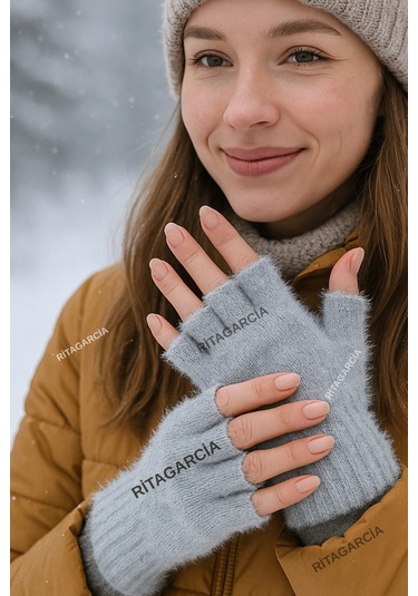 Peluş Kesik Parmak Eldiven Gri