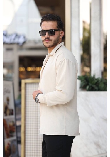 Tex Republic Erkek Krem Rahat Kesim Dokulu Oversize Salaş Aerobin Gömlek Krem