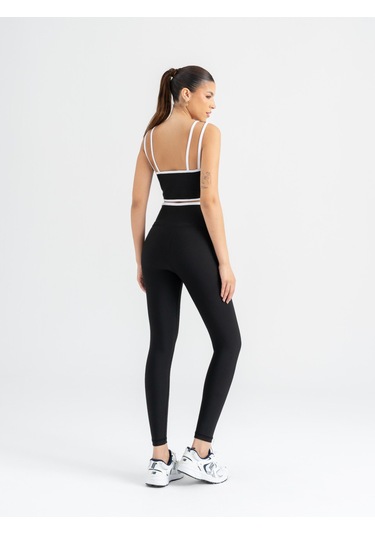 Çapraz Beli Beyaz Biye Detaylı Spor Tayt Siyah