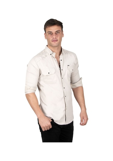 Deepsea Erkek Bej Fitilli Çıtçıtlı Kot Gömlek 300421 Bej