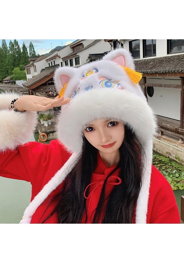 Şık Kışlık Polar Şapka, Kulaklıklı Kalın Ve Sıcak Polar Şapka, Stil 3 Beyaz