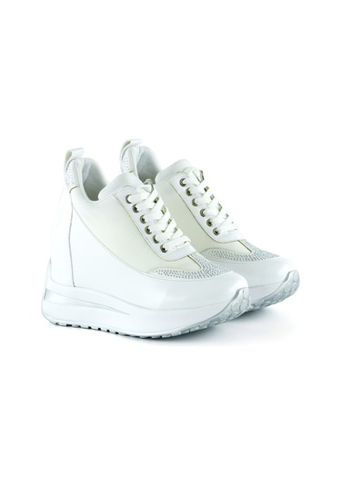 Erkan Saçmacı Tatyana Plus Beyaz Rugan Taşlı Bağcıklı Gizli Dolgu Topuklu Günlük Ayakkabı Beyaz