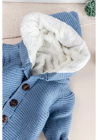 Triko Örme Welsoft Astarlı Kapüşonlu Kışlık Bebek Tulum mavi