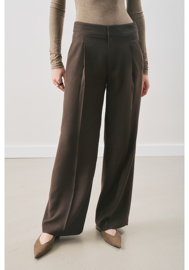 Dökümlü Tencel Pileli Pantolon Acı Kahve Acı Kahve