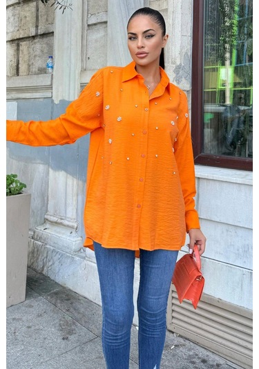 Turuncu Taş Detaylı Keten Klasik Gömlek Turuncu