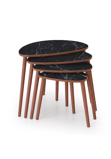 Nora 4lü Dörtlü Mdf Ahşap Zigon Sehpa - Siyah Mermer Desen