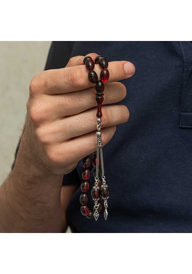 Gümüş Kırmızı Siyah Ateş Kehribar Tesbih Sl12595 Gümüş