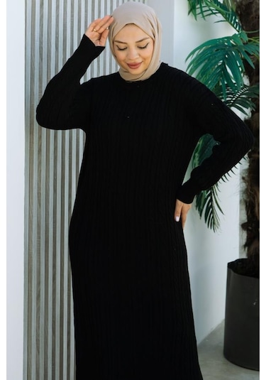 Brc2440siyah-bisiklet Yaka Örme Triko Elbise Siyah