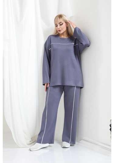 Kadın Büyük Beden Oysho Tarzı Modal Kumaş Uzun Kollu Biyeli Rahat Günlük Takım Gri