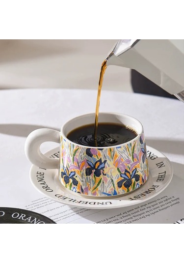 Maiyame Beyaz Seramik Çay/ Kahve Fincan Ve Tabak Seti - 280 Ml Bahar Çiçek Desenli Hediyelik Kutulu Hediye Paketi Beyaz