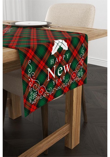 Kırmızı Yeşil Yılbaşı Temalı Ekose Desenli Dijital Baskılı Runner N11.588