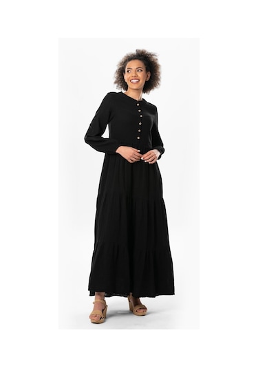 Uzun Kol Akay Uzun Düğme Detay Yazlık Müslin Elbise Siyah Syh-siyah Siyah