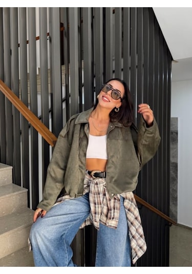 Prifaldi Premium Oversize Süet Bomber Ceket Haki