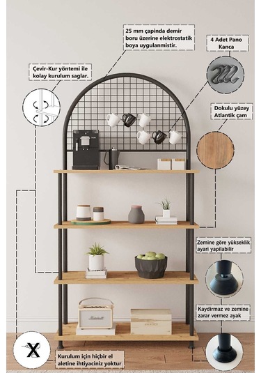 Çevir Kur Atlantik Çam 4 Raflı Kahve Köşesi Dolabımutfak Düzenleyici, Stand, 71x167x35 Cm Atlantik Çam