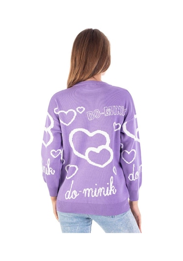 Kız Çocuk Yazı Ve Kalp Desenli Mor Renk Triko Kazak 001