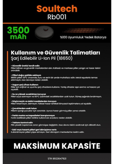 Soultech Rb001 Robot Vacuum Uyumlu 3500.mah Batarya