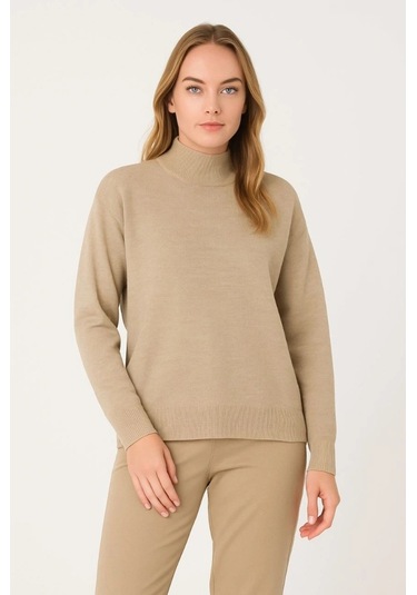 Yarım Boğaz Triko Kazak Yumuşak Dokulu Pamuklu Ince Dokuma, Uzun Kollu Rahat Regular Kalıp - Bej Bej