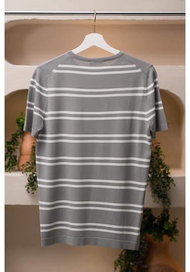 San&fa Bisiklet Yaka Çizgili Rayon Kumaş Slimfit T-shirt Gri