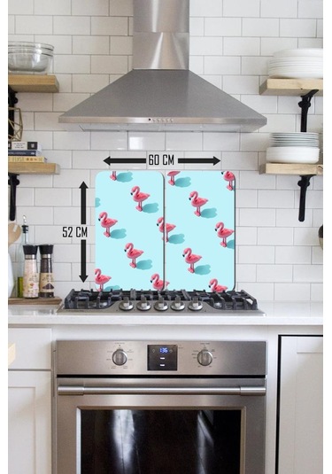 2' li 30x52 cm Flamingolar Desenli Cam Ocak Arkası Koruyucusu