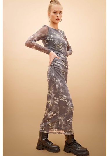 DeFacto Coool Bodycon Desenli Tül Uzun Kollu Maxi Elbise C1891AX24SPGR452