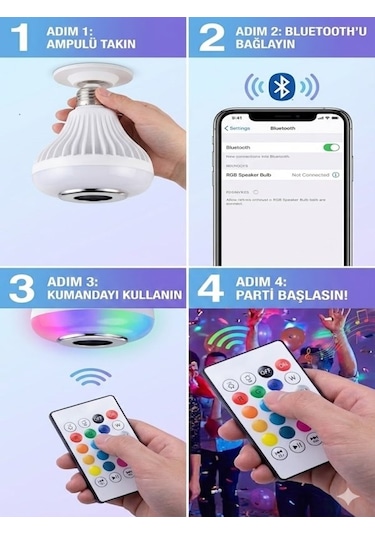 Bluetooth Rgb Led Hoparlörlü Akıllı Ampul - Renkli Müzikli Lamba Ve Kumanda