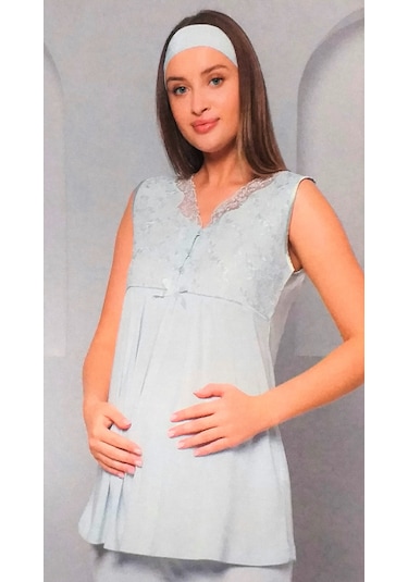 Flz Pijama 3'lü Dantelli Lohusa Pijama Takımı Mavi