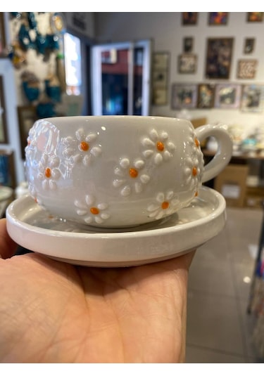 Seramik El Yapımı Fincan Takımı 2'li Set Papatya Desenli, Tabaklı Beyaz - Sarı
