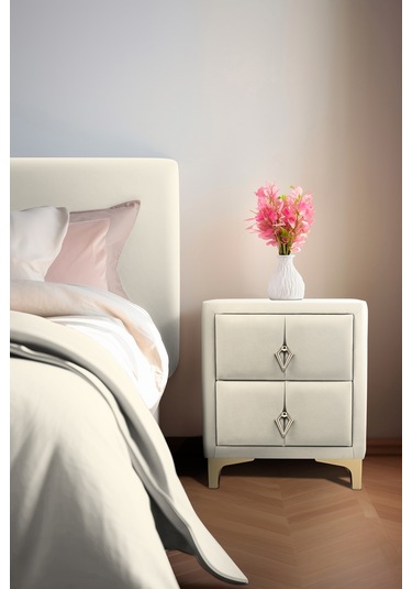 Harmony Gold Iki Çekmeceli Komodin- Yatak Odası Kumaş Döşemeli 2 Kapaklı Komodin Modeli Beyaz