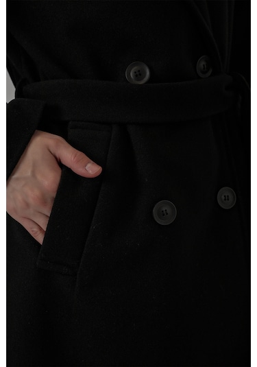 Kadın Kuşaklı Kaşe Kaban 9161 - Siyah Siyah