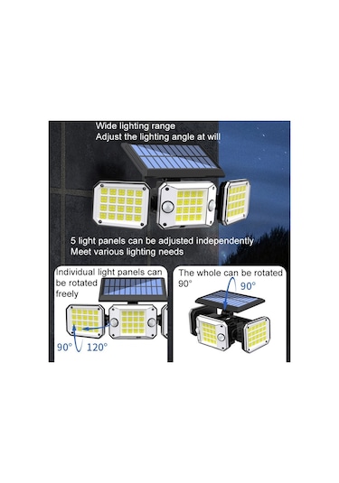 Sones Dış Mekan Üçlü Kafa 224led Çift Sensörlü Güneş Enerjili Duvar Işığı Dönen Gövde Sensörlü Işık Bahçe Ev Aydınlatması, Stil: İntegral