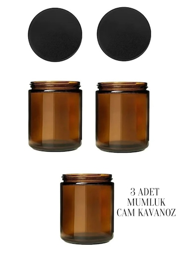 Rotanev 3 Adet 210 ml Cam Kavanoz Amber Mumluk 210 Cc Metal Siyah Kapaklı Mum Kavanozu Kahverengi