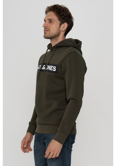 Jack & Jones Erkek Logo Baskili Kapüsonlu Sweatshirt - Minder 12214643 Forest Night Koyu Yeşil