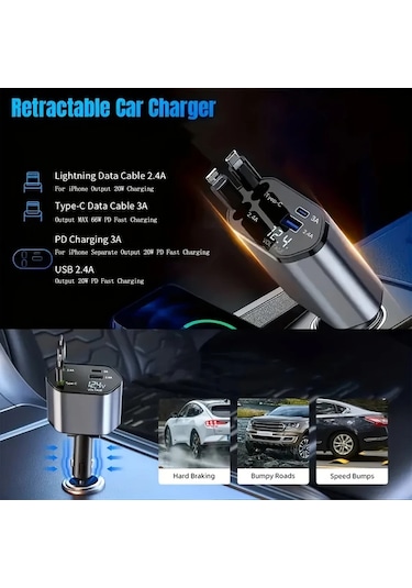 Honeybeeshop Type C Ve Ios İçin Metal Stil 66w Hızlı Araç Şarj Cihazı Teleskopik Kablolu 2 Usb Portlu İphone Samsung Xiaomi Uyumlu