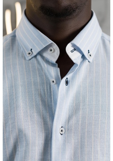 Advante Çizgili Yaka Düğmeli Katlamalı Kol Pamuklu Slimfit Yazlık Keten Gömlek Mavi