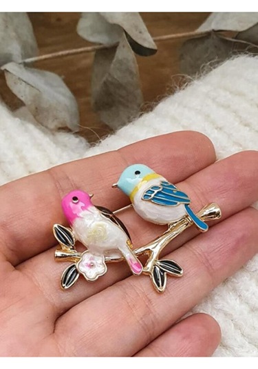 Lovebirds Kuşlar Broş 42x30 Mm Pembe Altın