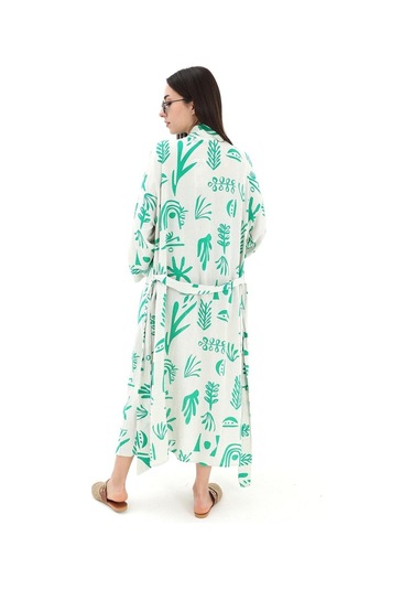 Baskılı Keten Kimono - Yeşil-yeşil Yeşil