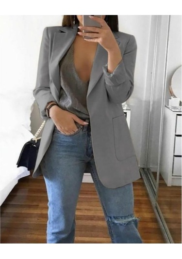 Kadın Moda Ceket Orta-uzun Kollu Tek Göğüslü Günlük Sıcak Ceket Gri