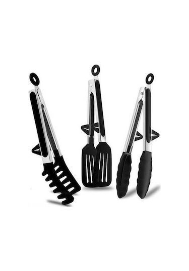 Novahub Paslanmaz Çelik 3'lü Mutfak Maşası Seti - 23cm Bbq, Makarna Ve Salata İçin Siyah, Kenar Silikonlu Siyah