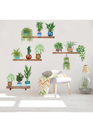 Raflı Saksılı Çiçek Tasarımlı Yapışkanlı Sticker 5060 Çok Renkli